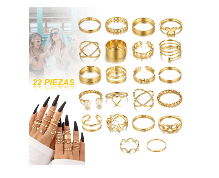 Set De 22 Juego Anillos Vintage Abiertos De Punk Rock Mujer