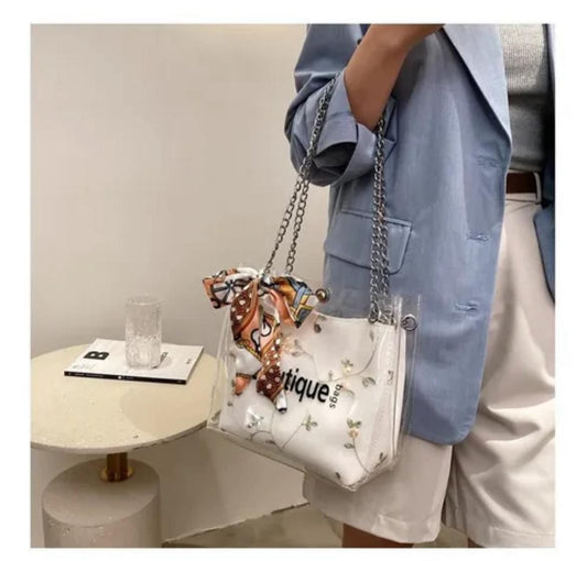 Bolso de Mujer Transparente con Cadena y Pañuelo Decorativo