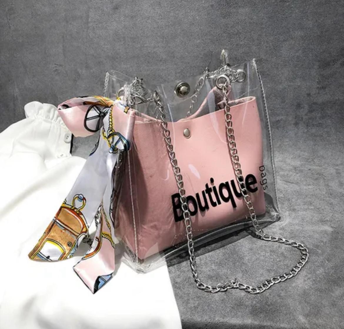 Bolso de Mujer Transparente con Cadena y Pañuelo Decorativo