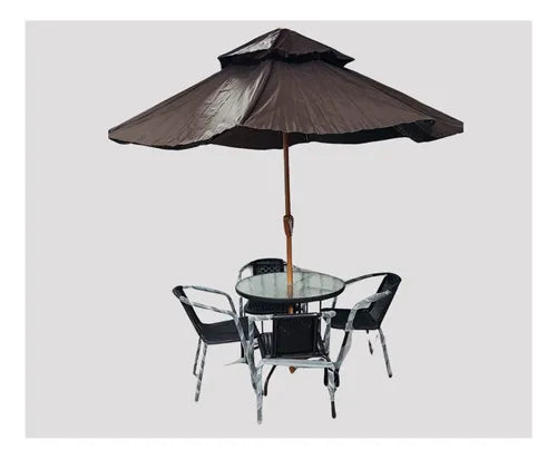 Juego de terraza para exterior con sombrilla y cuatro sillas.