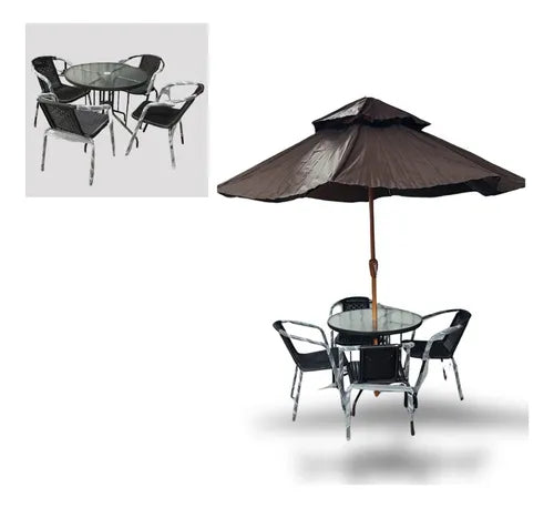 Juego de terraza para exterior con sombrilla y cuatro sillas.