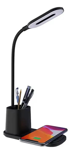 Lampara para escritorio con cargador inalámbrico y portalápices.