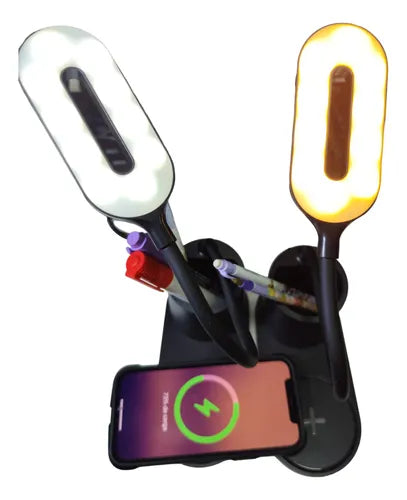 Lampara para escritorio con cargador inalámbrico y portalápices.