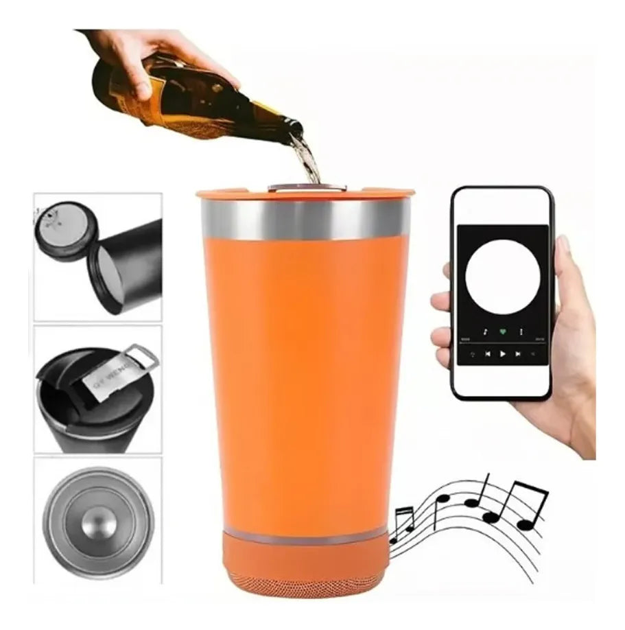 Vaso portátil bluetooth con música y abridor.