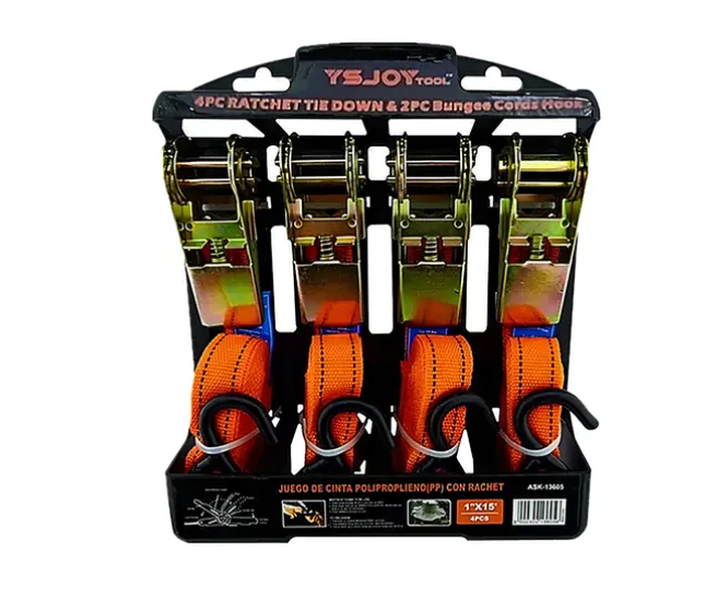 Set Kit Juego Eslinga Cinta Amarre Ratchet 4 Piezas Color Naranja